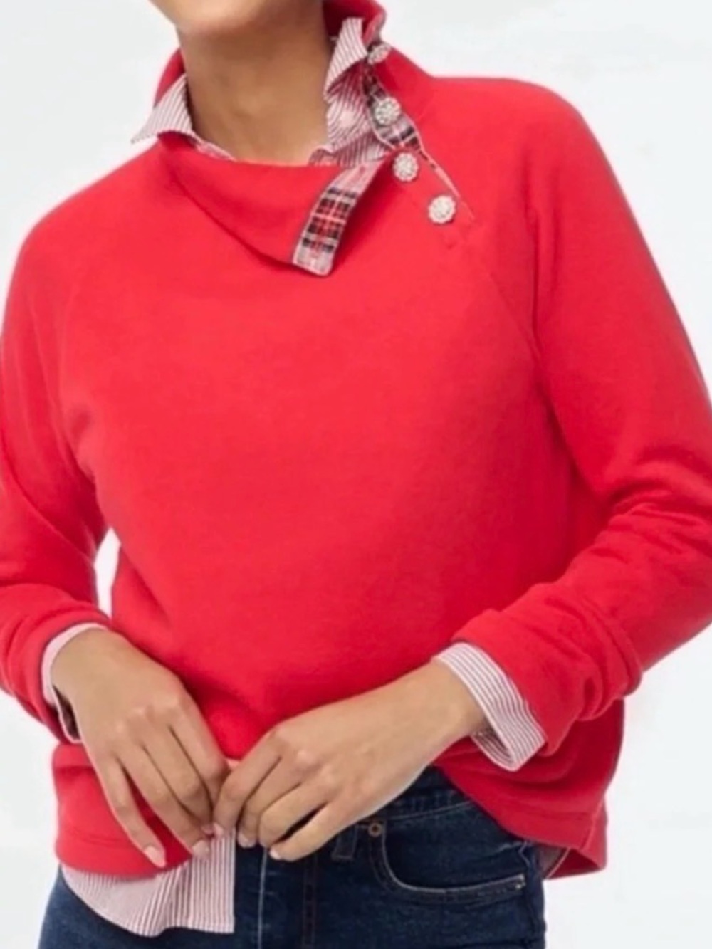J.Crew Factory Red Tartan Jeweled Button Neck Holiday Sweatshirt XS